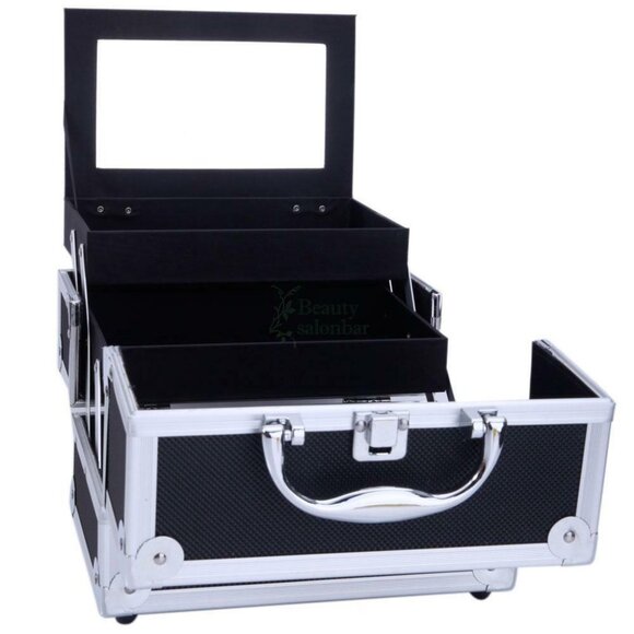 Professional Travel Aluminum Makeup Train Case Cosmetic Jewelry Box with Mirror - Picture 3 of 3